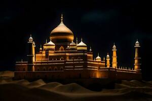 een groot, gouden moskee in de woestijn. ai-gegenereerd foto