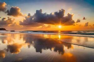 de zon stijgt over- de oceaan en wolken weerspiegeld in de water. ai-gegenereerd foto