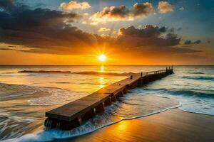 de zon stijgt over- de oceaan en pier. ai-gegenereerd foto