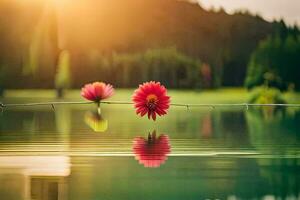 twee bloemen zijn zittend Aan een draad in de water. ai-gegenereerd foto