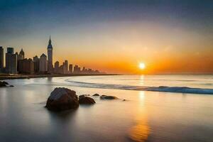 de zon stijgt over- de stad horizon in dubai. ai-gegenereerd foto