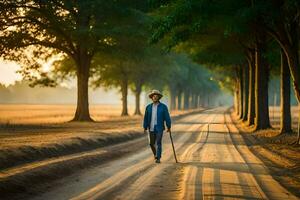 een Mens wandelen naar beneden een aarde weg met riet. ai-gegenereerd foto