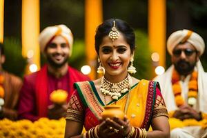 een mooi bruid in traditioneel Indisch kleding. ai-gegenereerd foto