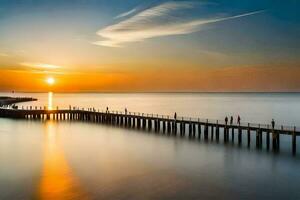 een lang blootstelling fotograaf van een pier Bij zonsondergang. ai-gegenereerd foto