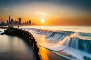 een Mens staat Aan een pier op zoek Bij de zonsondergang over- een lichaam van water. ai-gegenereerd foto