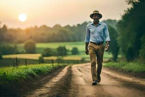 een Mens wandelen naar beneden een aarde weg Bij zonsondergang. ai-gegenereerd foto