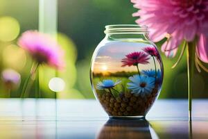 een vaas gevulde met kleurrijk bloemen en een reflectie van de zon. ai-gegenereerd foto