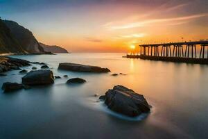 de zon sets over- een pier in de oceaan. ai-gegenereerd foto