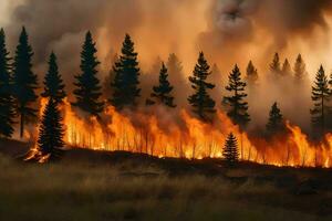 een Woud brand brandwonden in de achtergrond. ai-gegenereerd foto