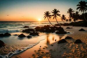 de zon sets Aan de strand met palm bomen en rotsen. ai-gegenereerd foto