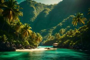 tropisch strand met palm bomen en een boot. ai-gegenereerd foto