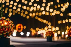 een bruiloft ceremonie met lichten en bloemen. ai-gegenereerd foto