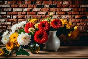 een vaas van bloemen Aan een tafel De volgende naar een steen muur. ai-gegenereerd foto