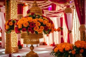 een bruiloft ceremonie met rood en oranje bloemen. ai-gegenereerd foto