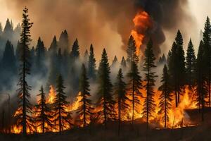 een Woud brand is brandend in de midden- van een Woud. ai-gegenereerd foto