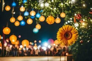 een bloem is in de midden- van een groep van kleurrijk lichten. ai-gegenereerd foto