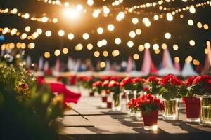 een tafel reeks omhoog met rood bloemen en kaarsen. ai-gegenereerd foto