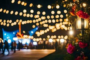 een nacht tijd bruiloft met lichten en bloemen. ai-gegenereerd foto