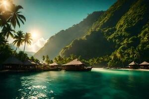 tropisch eiland met hutten en palm bomen. ai-gegenereerd foto