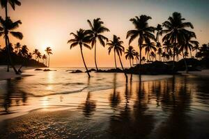 de zon sets over- de oceaan en palm bomen Aan een strand. ai-gegenereerd foto