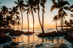 palm bomen Aan de strand Bij zonsondergang. ai-gegenereerd foto