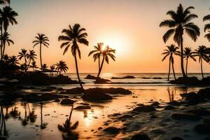 de zon sets over- de oceaan en palm bomen. ai-gegenereerd foto