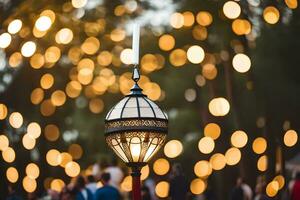 een straat licht met bokeh lichten in de achtergrond. ai-gegenereerd foto