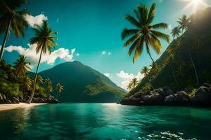 een tropisch strand met palm bomen en bergen. ai-gegenereerd foto