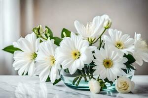 wit bloemen in een glas vaas Aan een tafel. ai-gegenereerd foto