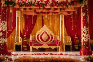 een Indisch bruiloft ceremonie met rood en goud decor. ai-gegenereerd foto
