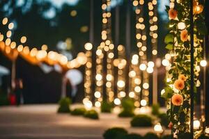 een bruiloft ceremonie is gehouden in voorkant van een draad van lichten. ai-gegenereerd foto