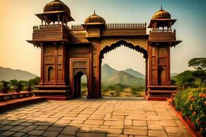 de poort van de paleis, Rajasthan. ai-gegenereerd foto