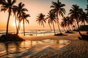 de zon sets Aan een strand met palm bomen. ai-gegenereerd foto