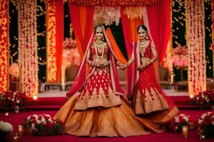 twee Dames gekleed in rood en goud zijn poseren voor een foto. ai-gegenereerd foto