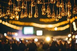 een groep van mensen zijn staand in voorkant van een groot licht lamp. ai-gegenereerd foto