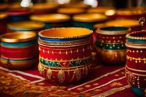 kleurrijk cups zijn zittend Aan een tafel met goud en rood decoraties. ai-gegenereerd foto