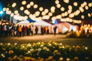 een groep van mensen staand in voorkant van een tent Bij nacht. ai-gegenereerd foto