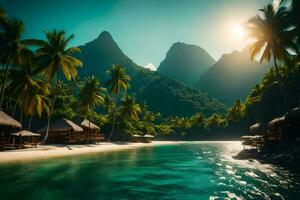 een tropisch strand met palm bomen en hutten. ai-gegenereerd foto