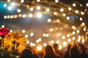 mensen zijn staand in voorkant van een bloem Bij nacht. ai-gegenereerd foto