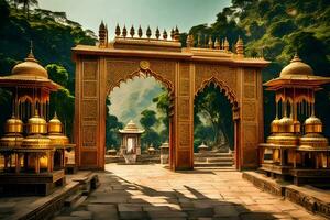de gouden poort van de tempel in de midden- van de Woud. ai-gegenereerd foto