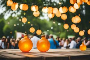 oranje lichten Aan een houten tafel met mensen in de achtergrond. ai-gegenereerd foto