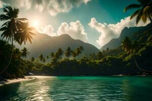 tropisch strand met palm bomen en bergen. ai-gegenereerd foto