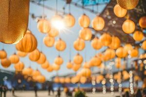 veel geel papier lantaarns hangende in de lucht. ai-gegenereerd foto