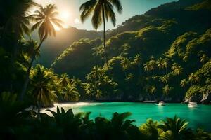 tropisch strand met palm bomen en water. ai-gegenereerd foto