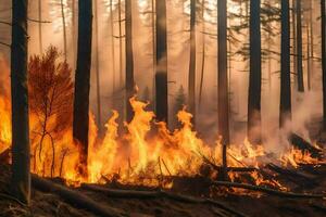 een Woud brand in de midden- van een Woud. ai-gegenereerd foto