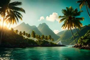 een tropisch eiland met palm bomen en bergen. ai-gegenereerd foto
