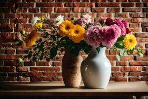 een vaas met bloemen Aan een tafel. ai-gegenereerd foto