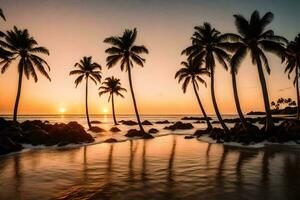 palm bomen Aan de strand Bij zonsondergang. ai-gegenereerd foto