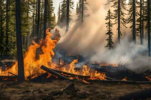 een Woud brand is brandend in de midden- van een Woud. ai-gegenereerd foto