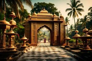 een overladen Ingang naar een tempel in Indië. ai-gegenereerd foto